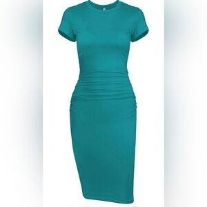 Teal Bodycon Ruched Short Sleeve Shirt Midi Dress